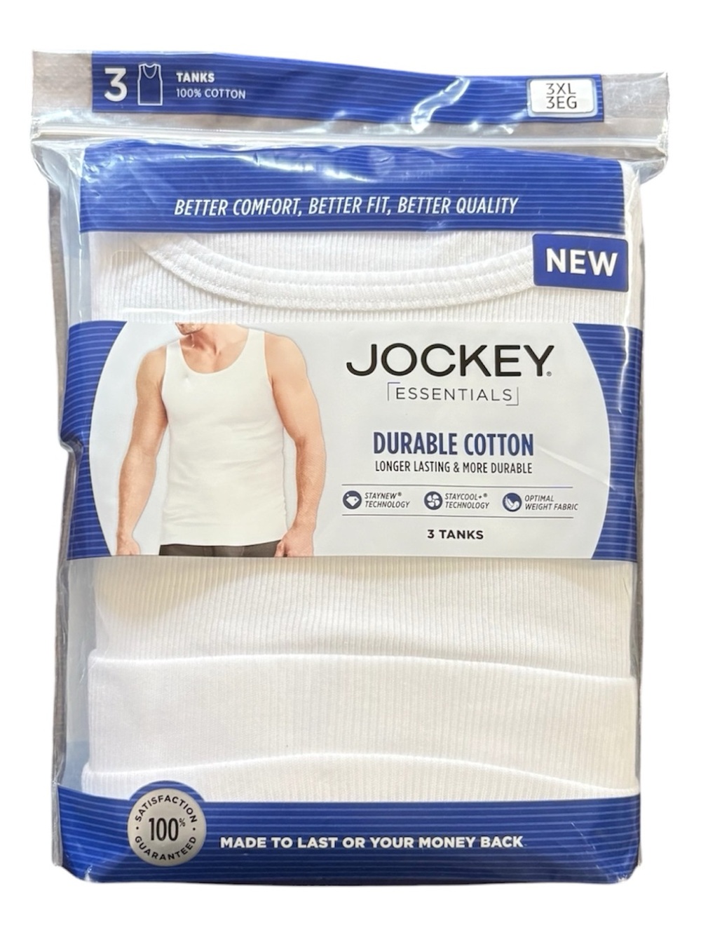 Jockey Essentials - Men's White Ribbed 100% Cotton Tank Tops 3-Pack - Size: 3XL